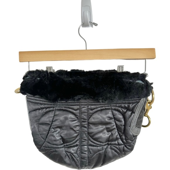 Coach Signature Satin Quilted Rabbit Fur Trimmed Hobo Handbag Black - Picture 6 of 16
